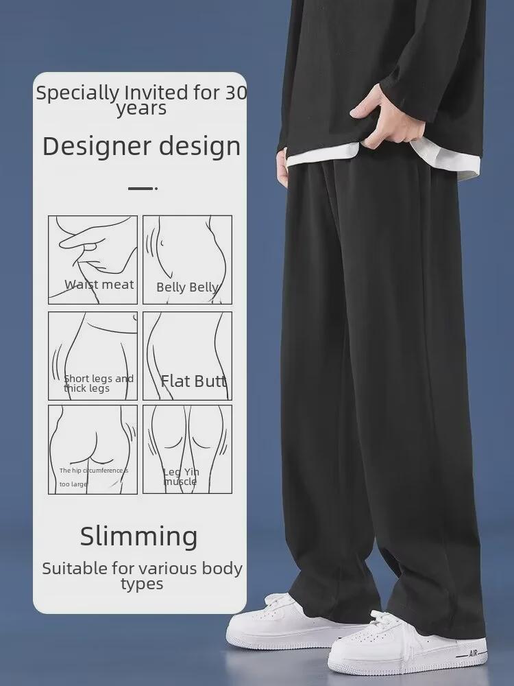 Pánské tepláky s širokými nohavicemi z ledového hedvábí pro jaro 2024: Jednobarevné, Lehké, Rovný střih