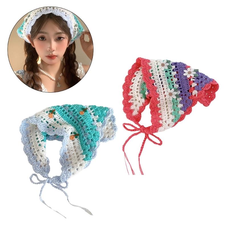 French Style Crochet Headscarf Hairband for Women Hair Bandannas Decorative Ethnic Headbands Bohemian Flower Hair Scarf