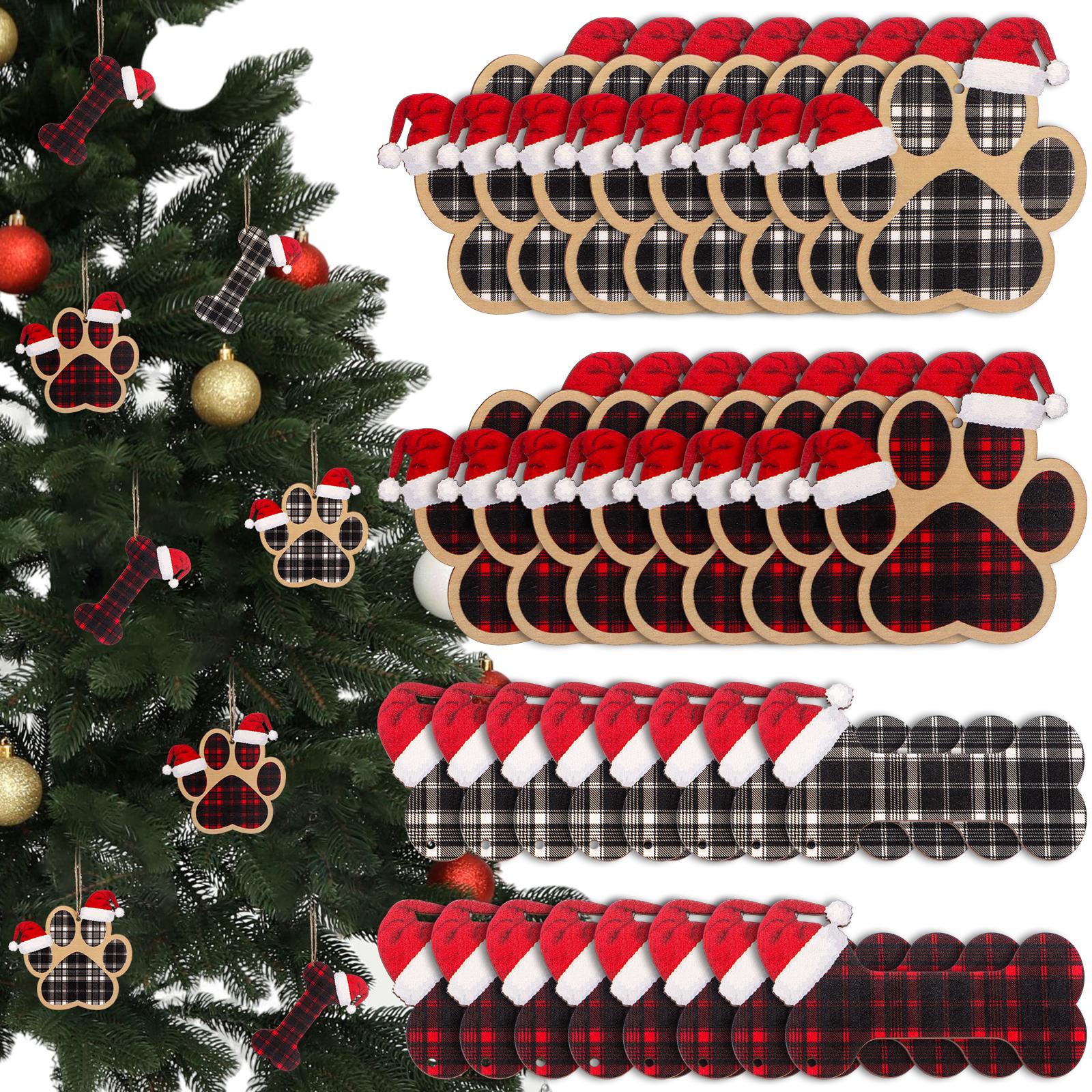

32 Pcs Dog Paw Christmas Ornament Wooden Pet Dog Bone Shaped Buffalo Plaid Ornaments Black Red And White Craft Santa Hat For Hom красный