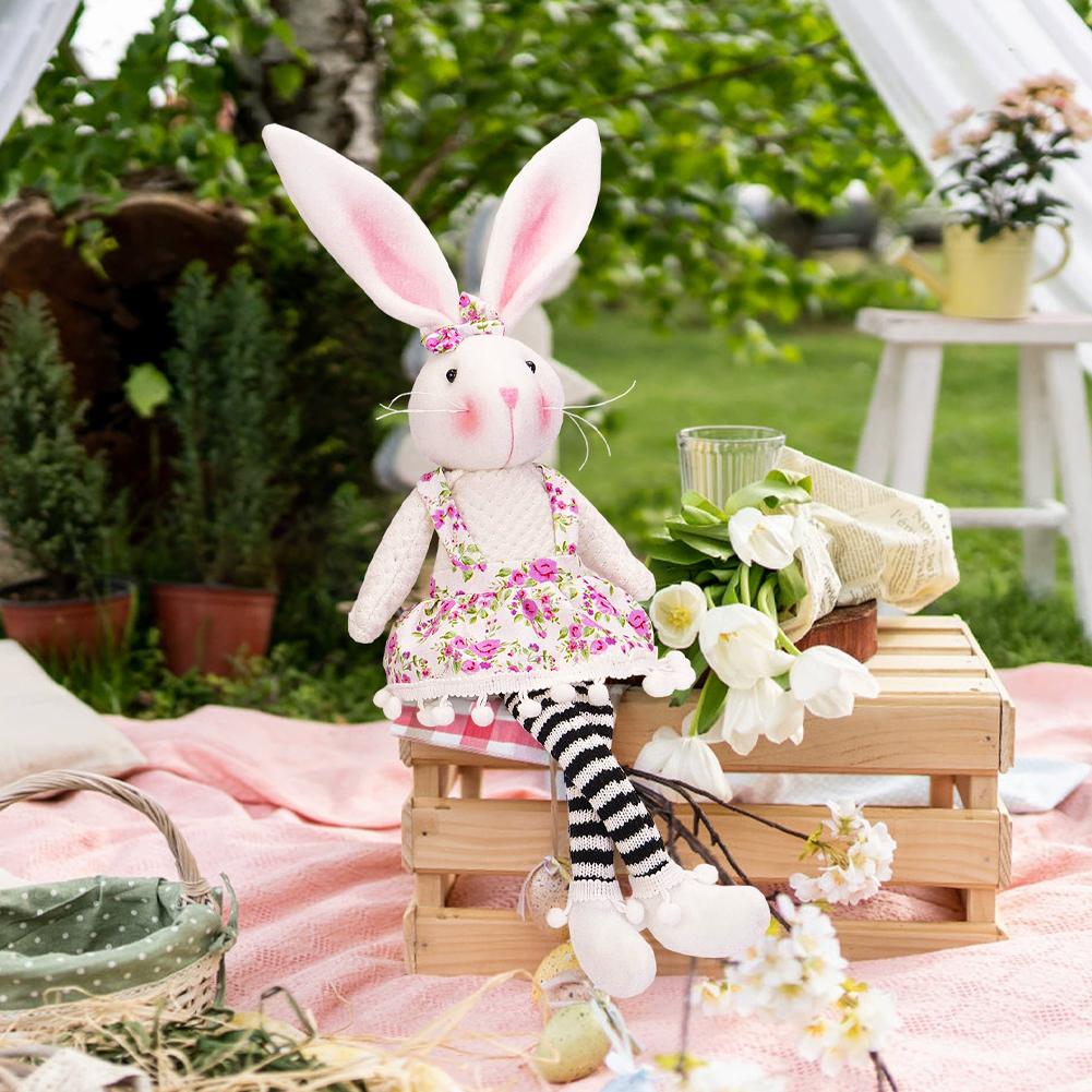 Plush Doll Cute Long-Leg Sitting Stripe Rabbit Toy Adorable Floral Dress Design With Pom-Poms Easter Home Decor