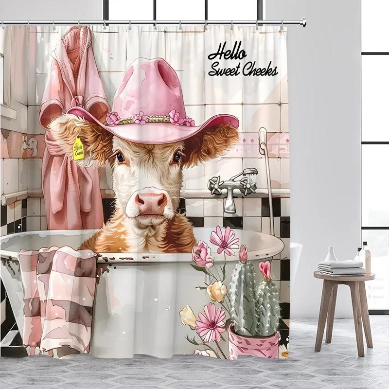 ZYJ01Bathing Highland Cattle Shower Curtains Funny Farm Animal Cactus Plant Pink Bath Curtain Set Polyester Bathroom Decor w7Dc