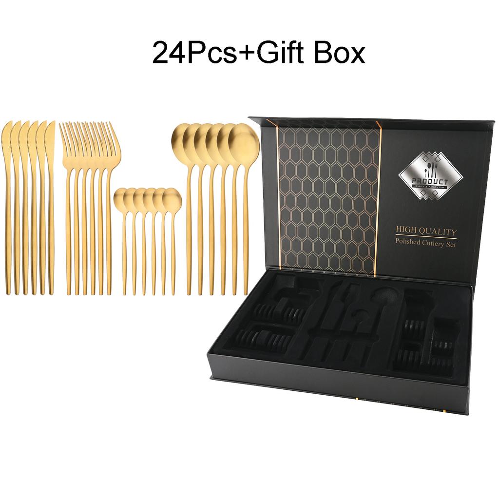 24-teiliges Luxus-Geschirrset aus schwarzem Gold, Messer, Gabel, Löffel, Besteckset mit Geschenkbox, Edelstahl-Geschirrset, Küchenbesteck, spülmaschinenfest