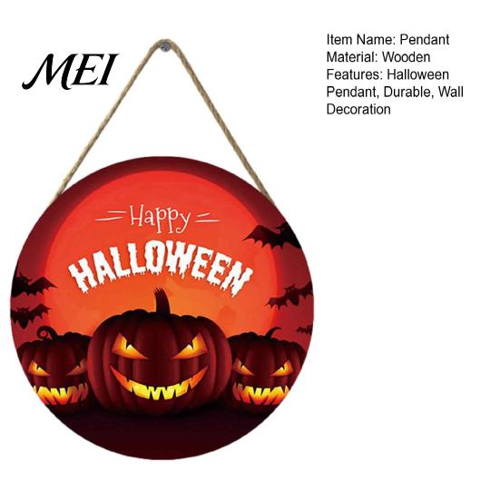 Decorative Round Hanging Sign Halloween Wall Pendant, with Pumpkin And Witch Silhouette, Wooden Retro Style Seasonal Door Ornament Sign, for