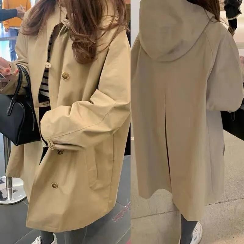 Spring Autumn Women Loose Fit Lined Outerwear Female Hooded Windbreaker Jacket Ladies Long Sleeves Trench Coat