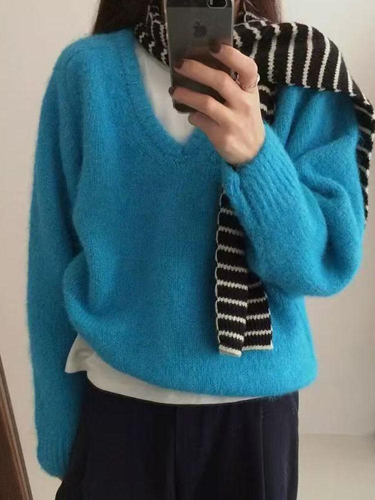 Women's V-Neck Loose Knit Pullover Sweater - Korean Autumn/Winter Style
