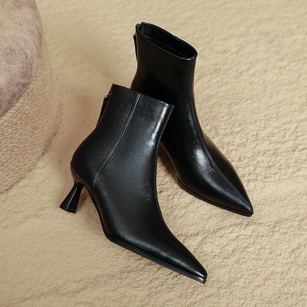 Women's Kitten Heel Bootie Fall Winter  6cm Pointed Toe Ankle Boots Leather Dress Jeans Booties With Zipper Heels Boots