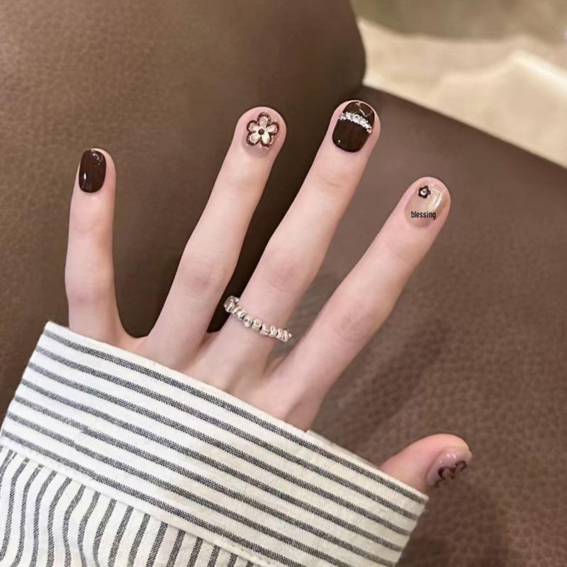 

Высококачественные накладные ногти ручной работы с блестящим цветочным дизайном – Короткие, осенне-зимний стиль Handmade nails S size 10 pieces/bag