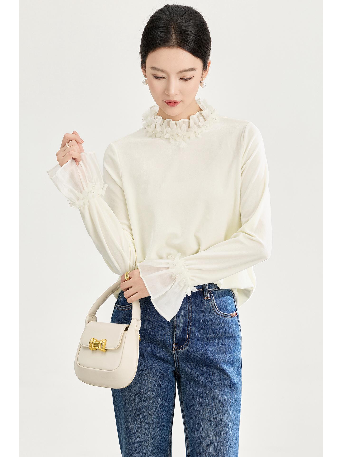 

French Romantic Chic Square Pile Fabric Shirt with Lace Petal Collar - Autumn/Winter Style XL абрикосовый