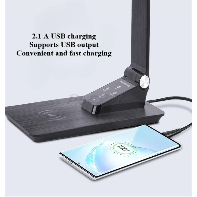 LED Eye Protection Desk Lamp with Metal Texture Foldable 10W Wireless Charging USB Port Business Office Desk Lamp