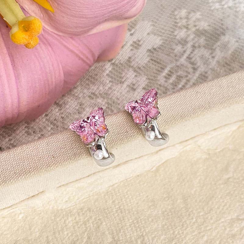 

Exquisite Pink Zircon Butterfly Earrings for Women Girls Fashion Imitation Pearl C-Shaped Earrings Wedding Party Jewelry Gifts