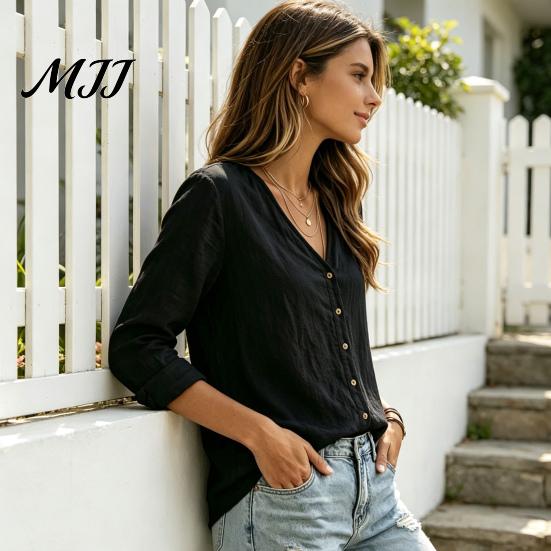 Early Autumn Women Shirt V-Neck Long Sleeves Shirt, Solid Color Button Front Cotton Casual Linen Blouse, Breathable Loose Fit Top for Daily