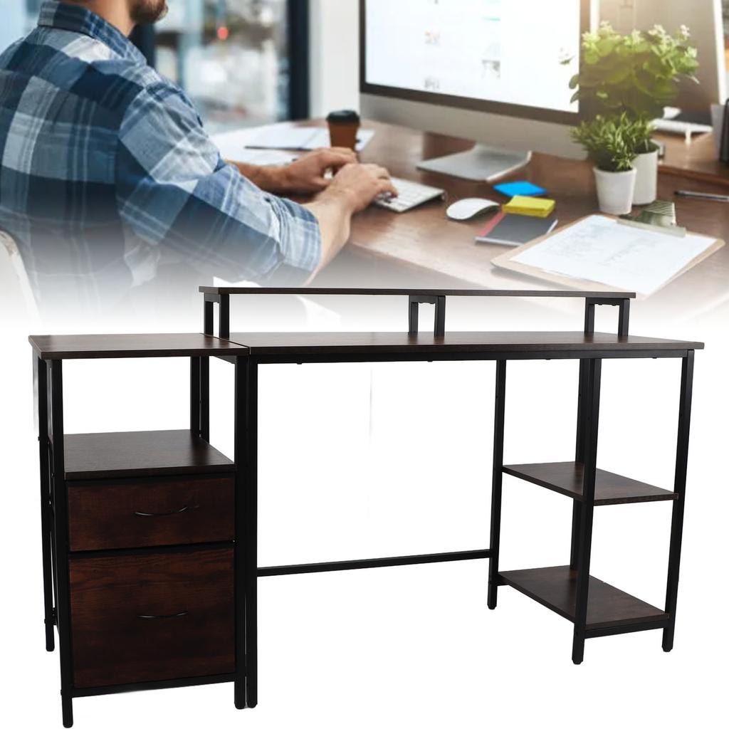Industrial Computer Table Home  Computer Desk Tear Resistant Sturdy Enough Drawers with Raised Shelf for Office