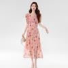 ML305 Women's French V-Neck Elegant Waist-Cinching Floral Dress - Slim Fit, Summer 2026 New Arrival
