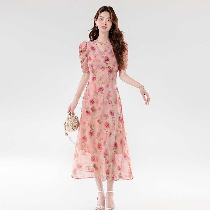 ML305 Women's French V-Neck Elegant Waist-Cinching Floral Dress - Slim Fit, Summer 2026 New Arrival