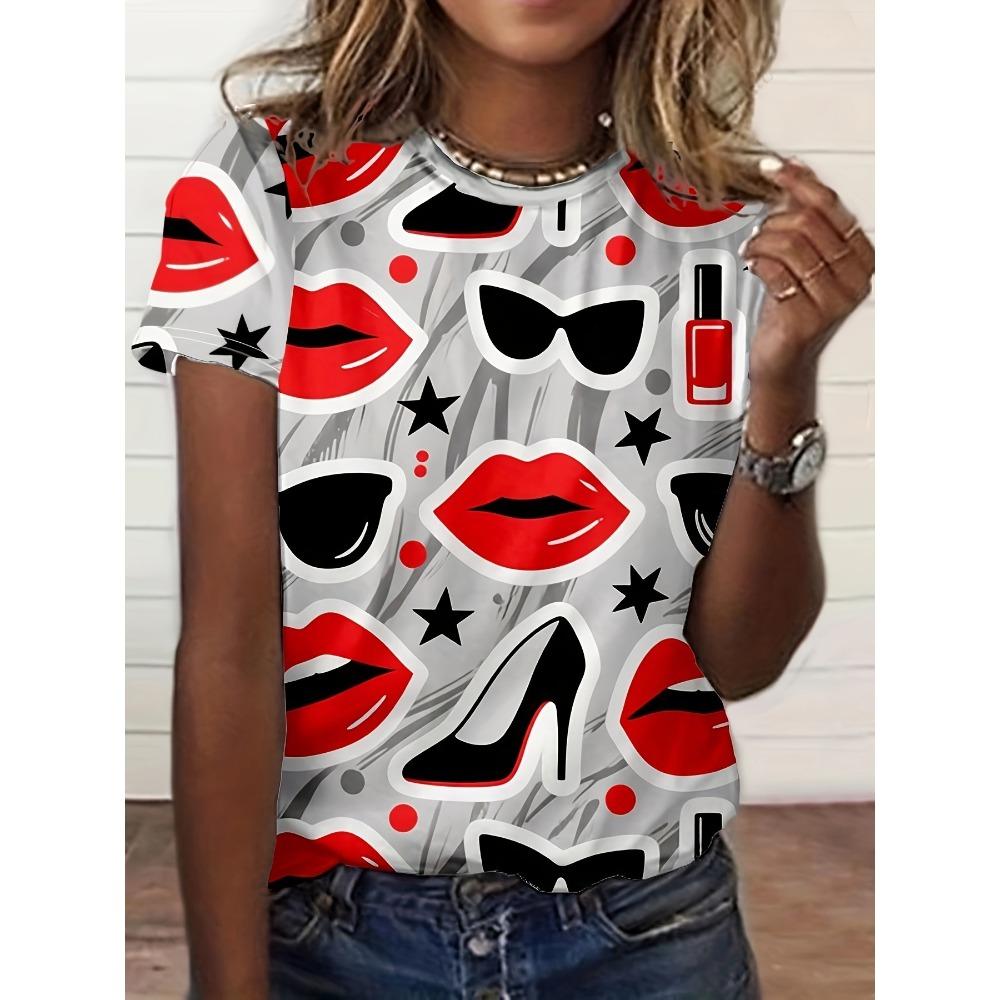 Summer Fashionable Personalized Pattern Cherry 3D T-shirt Soft Comfortable Vintage Loose Creative Women's Round Neck Short Sleeved T-shirt