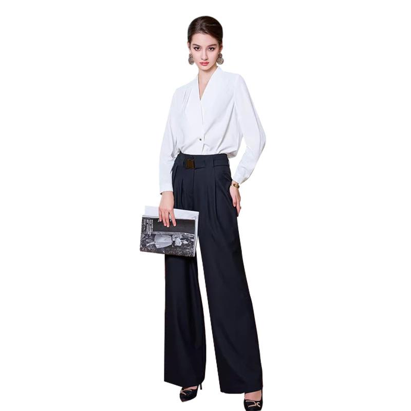 Stylish Long-Sleeve French White Top with Wide-Leg Pants Two-Piece Set for Women