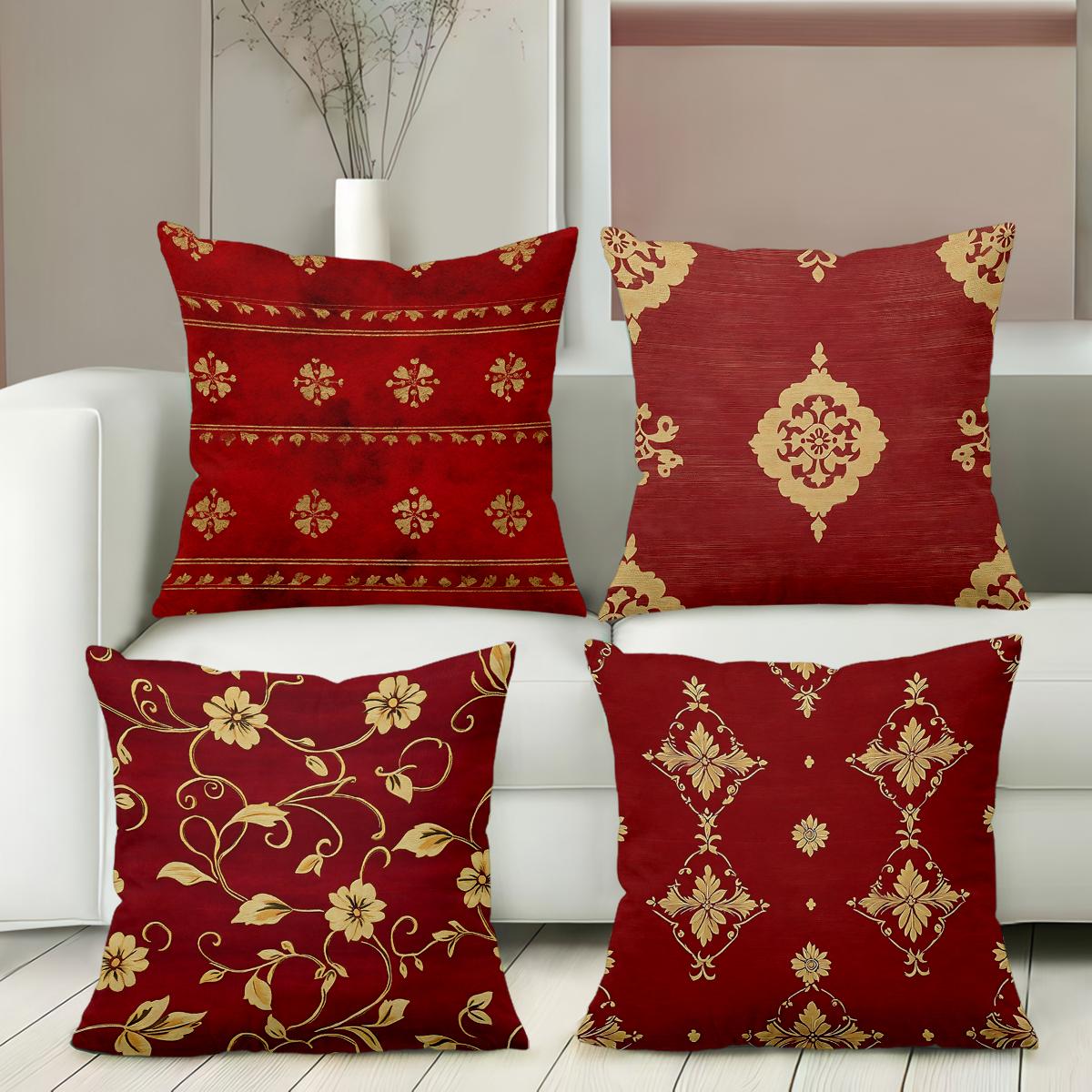 Jmg Clothing Unisex Red/Gold Throw Pillows With Floral Ornamental Patterns Polyester Pillowcase, Sofa Decorative Cushion Cov Headboard Pillow