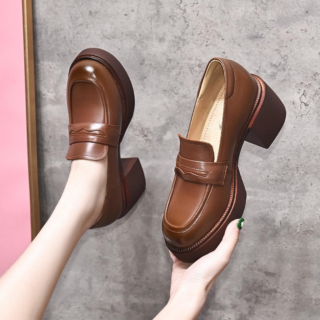 Women's spring new thick-soled foot-fitting single shoes first-layer cowhide casual women's shoes waterproof platform thick-heeled shoes