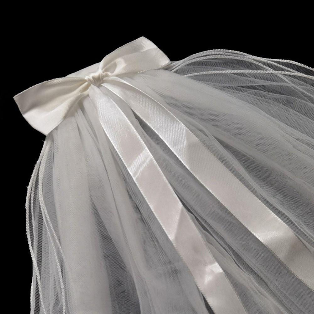 Pearl Bow Ribbon Wedding Veils Four-layer Bride Head Gauze Elegant Bridal Veil  Bride Accessories