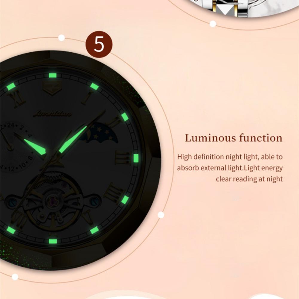 JINSHIDUN Neue Business- und Freizeit-Damenuhr Tourbillon Wasserdicht Leuchtende multifunktionale mechanische Uhr Damenuhr
