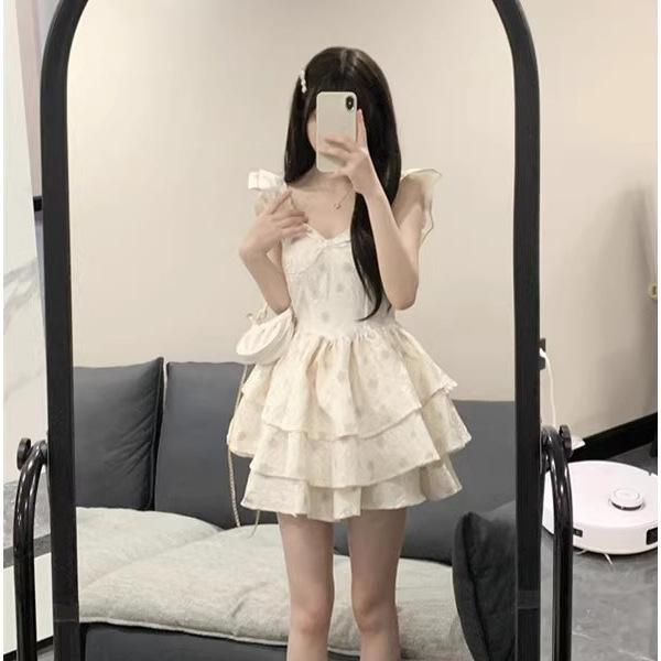 Spring and Summer French Beautiful Sweet Spice Girl Feifei Sleeve Suspender Dress Fairy Dress Waist Fluffy Dress Small Man