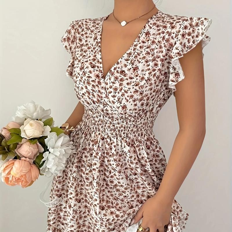 Ladies Floral Print Miniature Sleeve Waist-Cinching Maxi Hem Vacation Dress Elegant Sexy Commute Appropriate