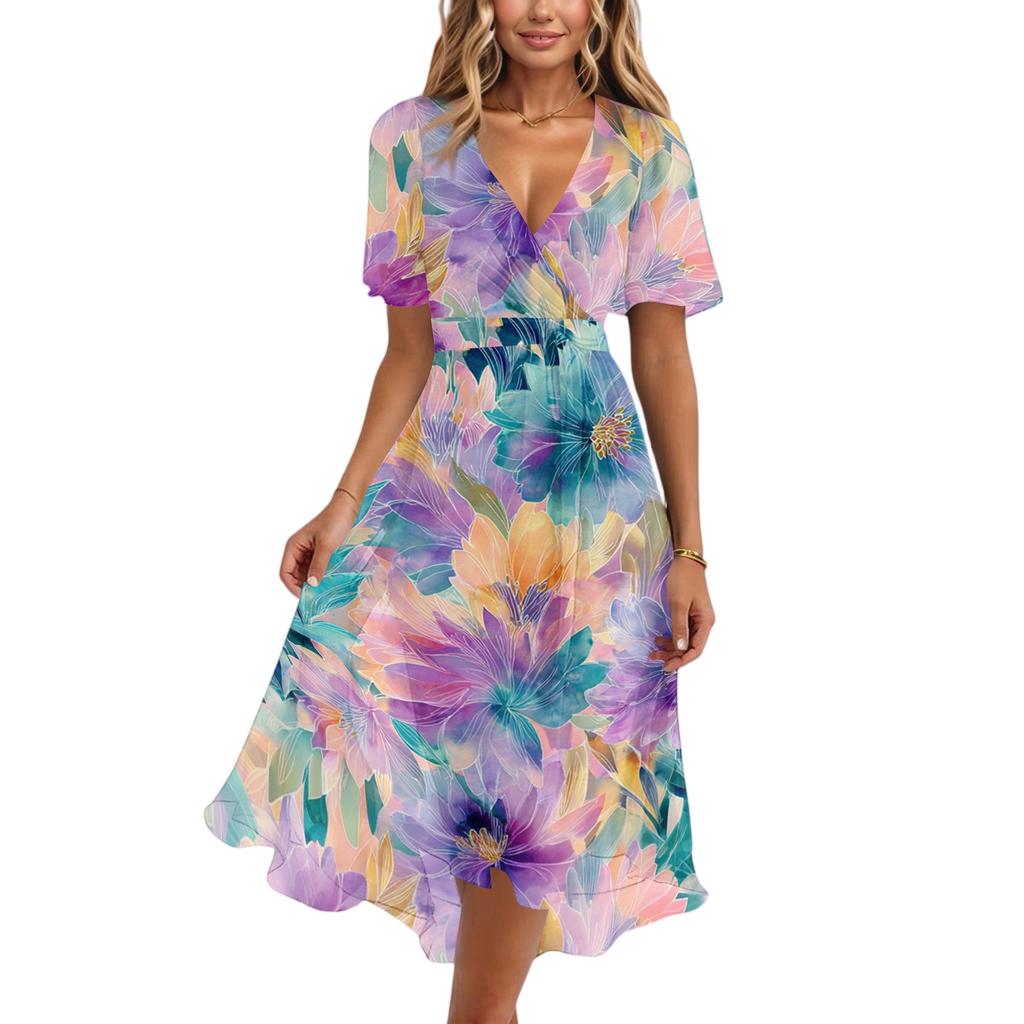 Women's Fashion Casual V Neck Short Sleeve Ruffled Vintage Printed Dresses