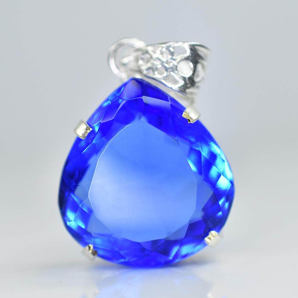 Natural Blue Topaz 925 Sterling Silver CERTIFIED 51.55 Ct Pear Shaped Pendant AI-95-NS