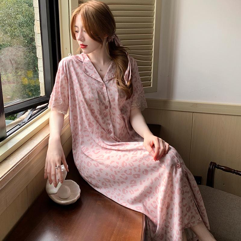 Summer Leopard Print Lace Ice Silk Nightgown - Women's Luxury Short Sleeve Sleepwear