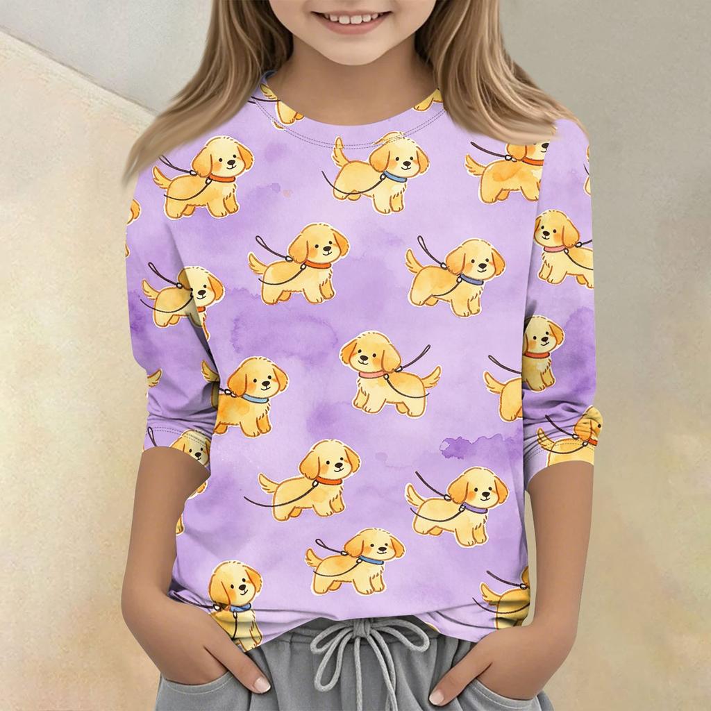 Kids Animal Print Crew Neck 3/4 Sleeve Casual T-Shirt Soft Comfortable Fabric Suitable for Everyday Wear and Outdoor Activities