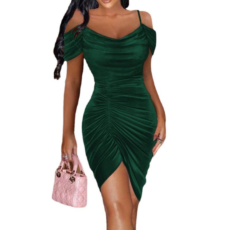 Women's Satin Cowl Neck Off Shoulder Ruched Bodycon Dress High Slit Party Midi Dress