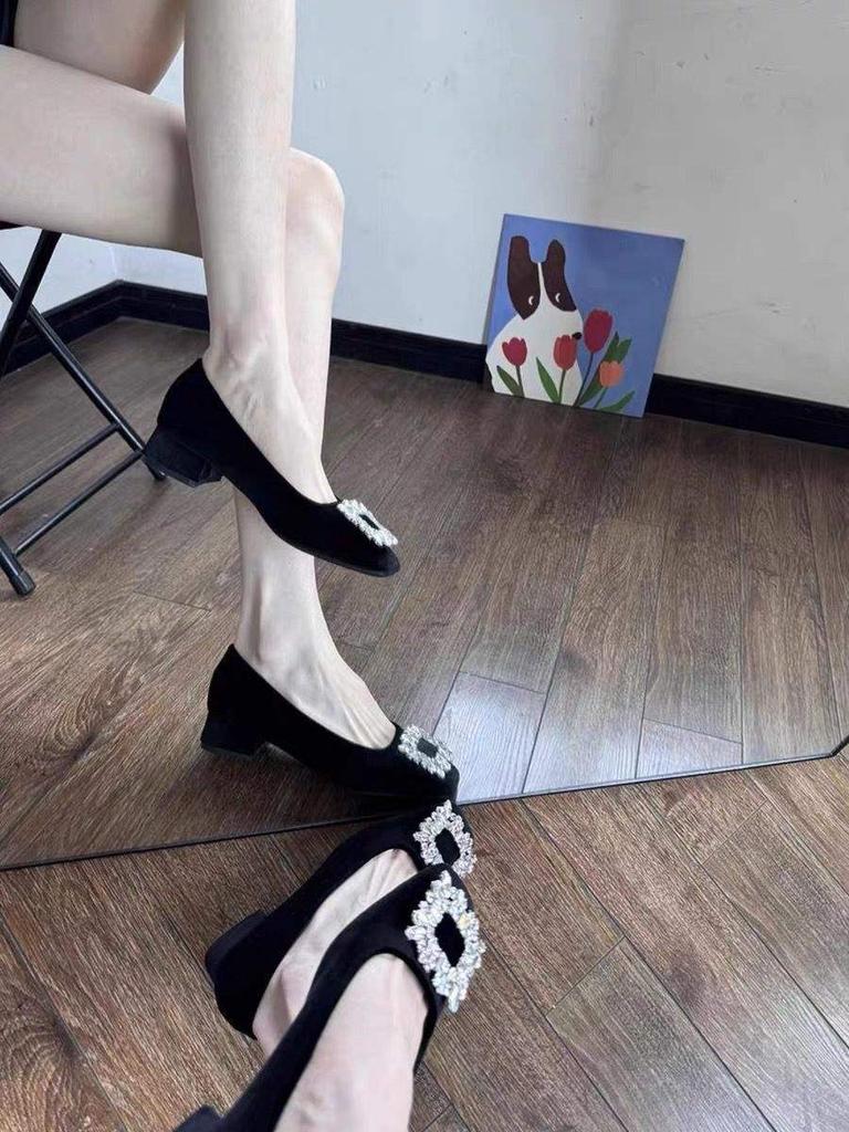 Black square head high heels women's thick heel 2025 new rhinestone versatile French temperament Mary Jane square diamond single shoes women