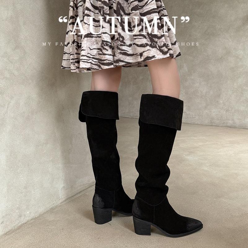 2.5CM-6.5CM niche design thin knight boots 2025 autumn new pointed thick heel but knee boots