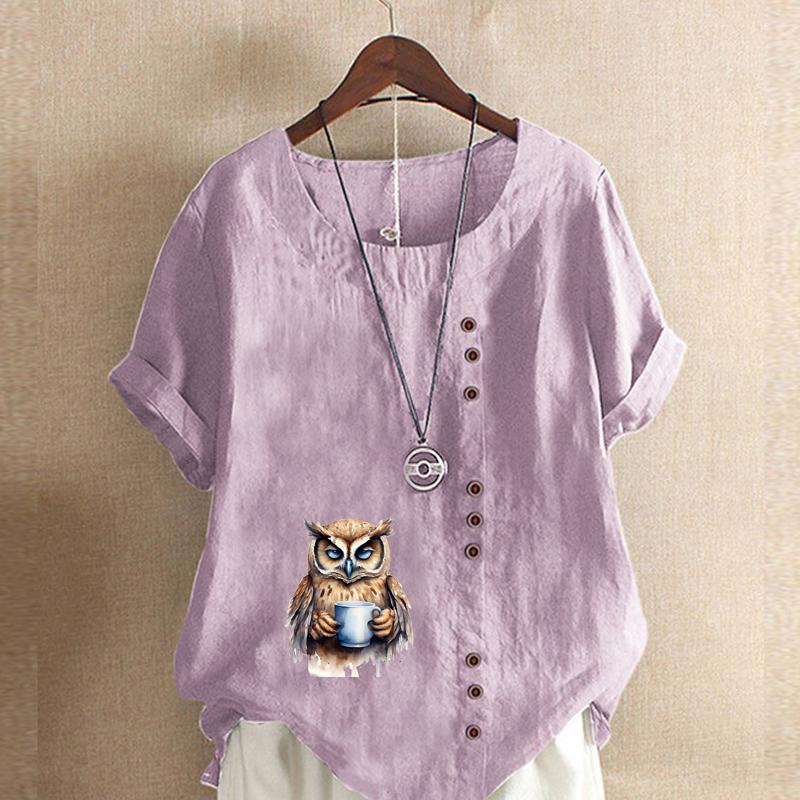 Women's Fashion Owl Prined Short Sleeve T-shirt Loose Cotton Shirt Casual Loose Summer Blouse Tops Plus Size