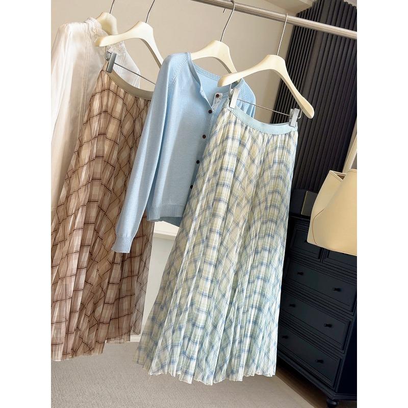 Spring and summer plaid printing mesh skirt women's high waist and thin A-shaped long skirt casual pleated pendulum skirt