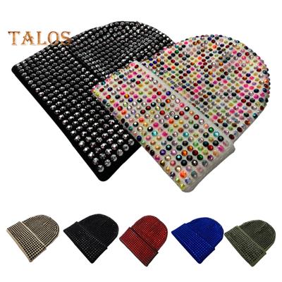 Unisex Winter Hat Folded Brim Bonnet Solid Color Rhinestone Elastic Keep Warm Cap Adult Cold Weather Headwear for Outdoor And Daily
