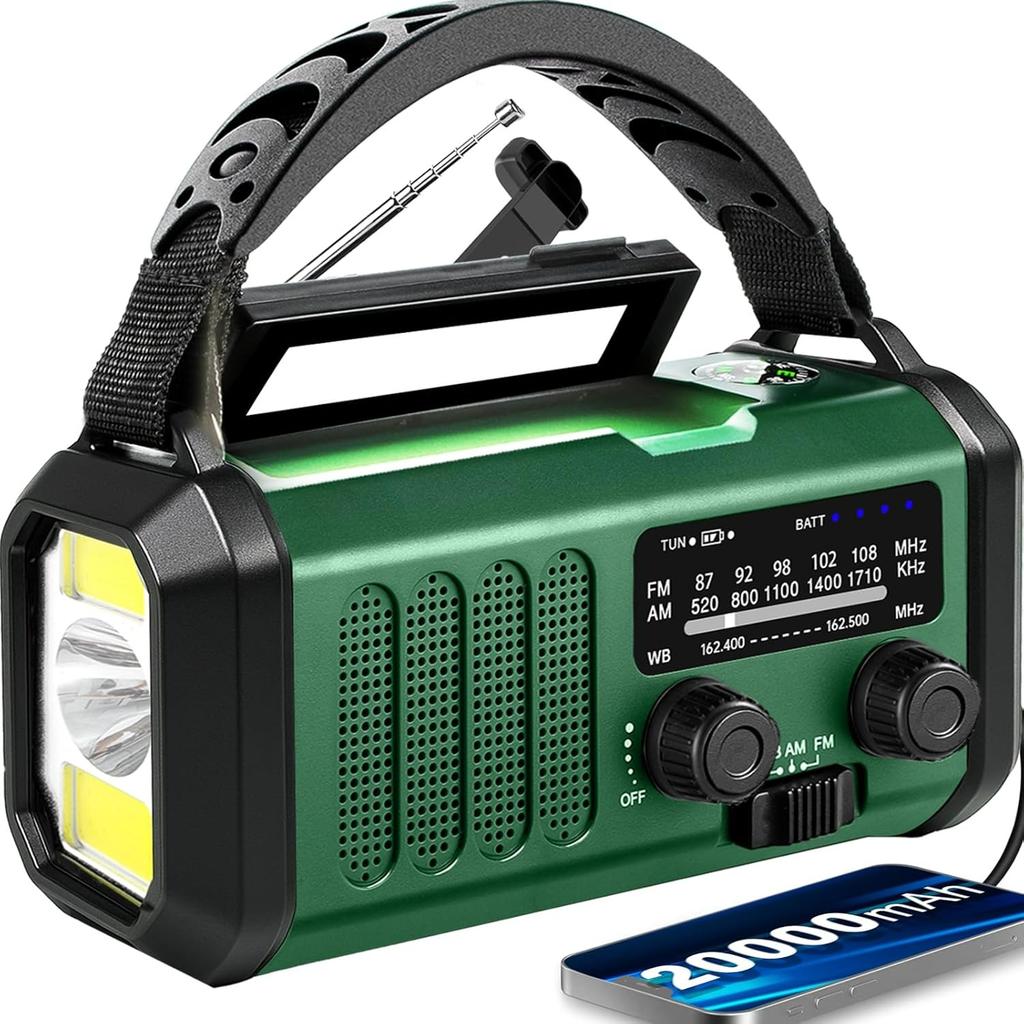 Emergency Weather Radio 20000mAh NOAA/AM/FM with 74000mWh USB/Solar/Hand Crank Charging, Battery Operated, SOS Alarm & Flashlight for Indoor