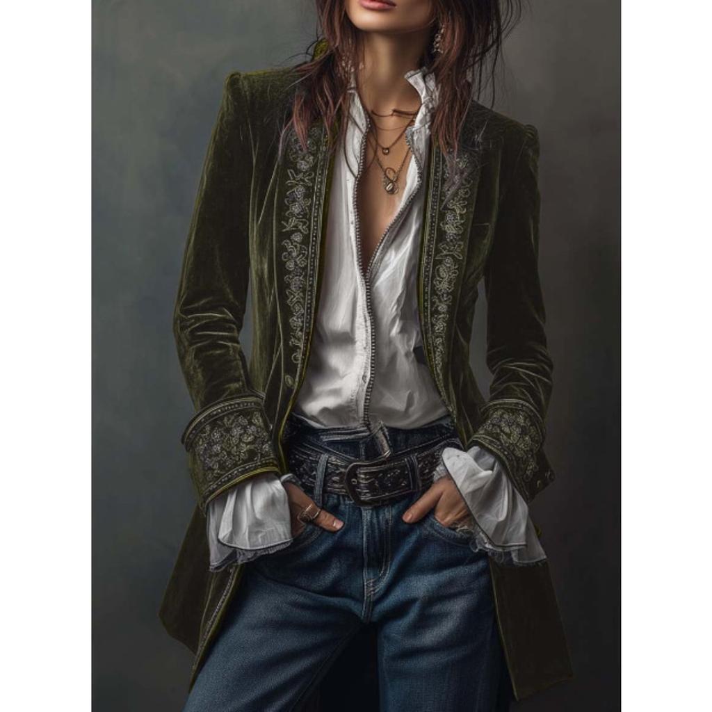 Women Embroidered Velvet Blazer Long Sleeve Open Front Cardigan Elegant Vintage Outerwear