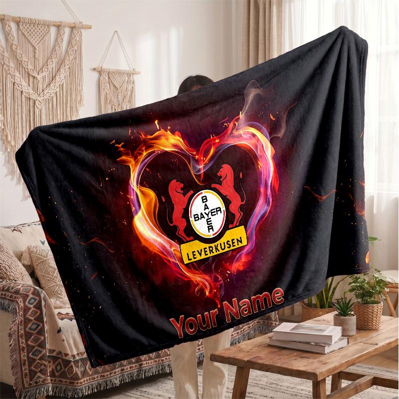 Bayer Leverkusen Voetbal Gepersonaliseerd Fleece Deken Met Voetbal Logo, Aangepaste Naam Tekst Zacht Warm Huis Plaid Deken