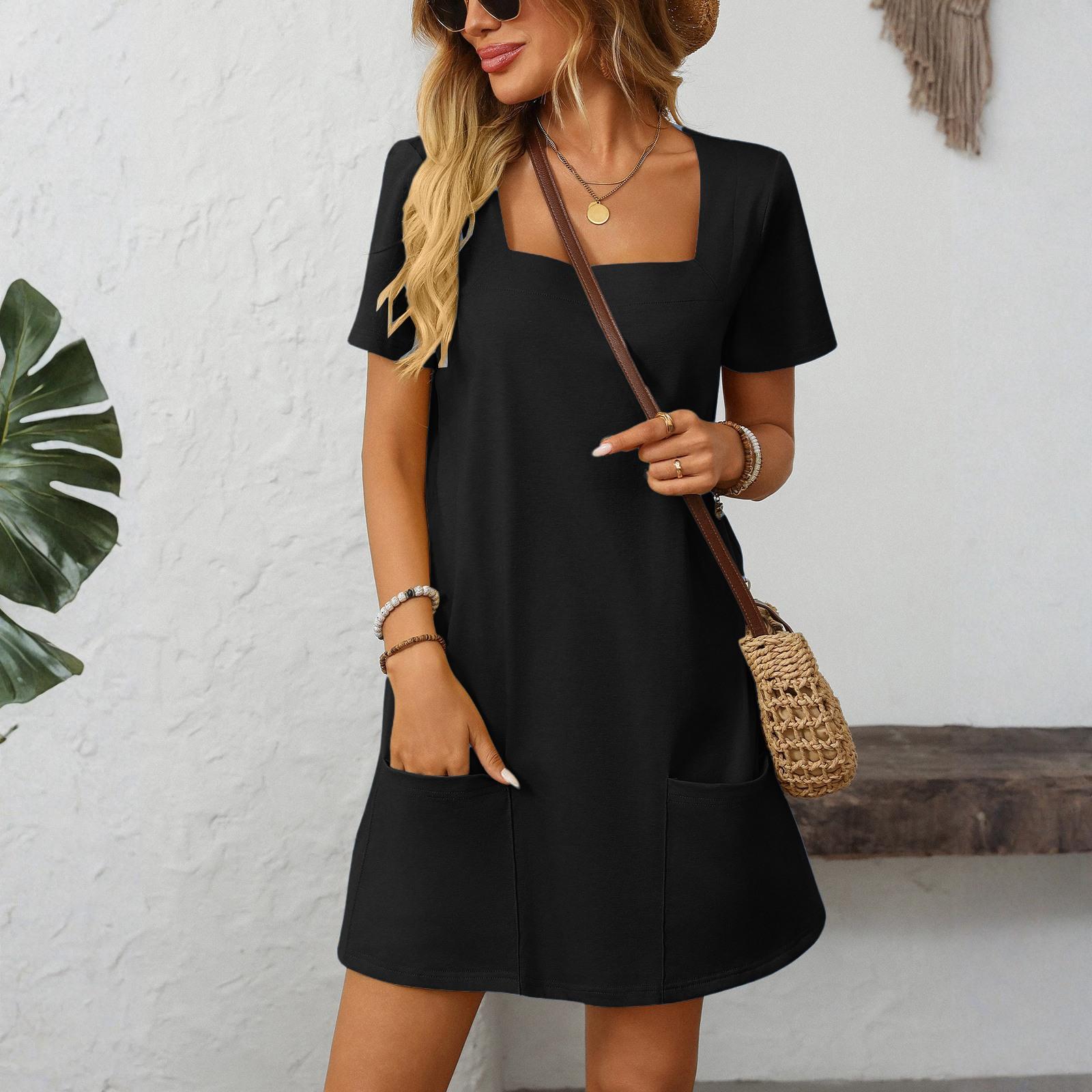 Women s Square Neck Short Sleeve Fashion Pocket Casual Dress L чёрный