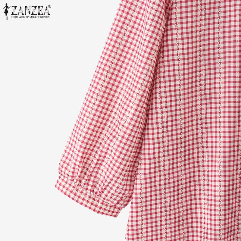 ZANZEA Women Casual Round Neck Grid Print Loose 3/4 Sleeve Blouse