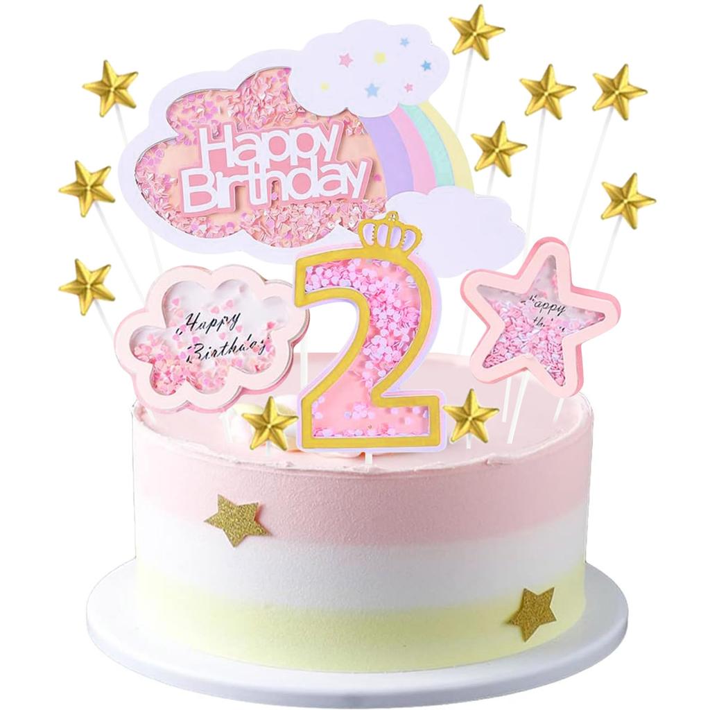 Girl  Birthday Cake Decoration Set Second Birthday Cake Topper with Rainbow Clouds Stars Cake Picks Two Year Old