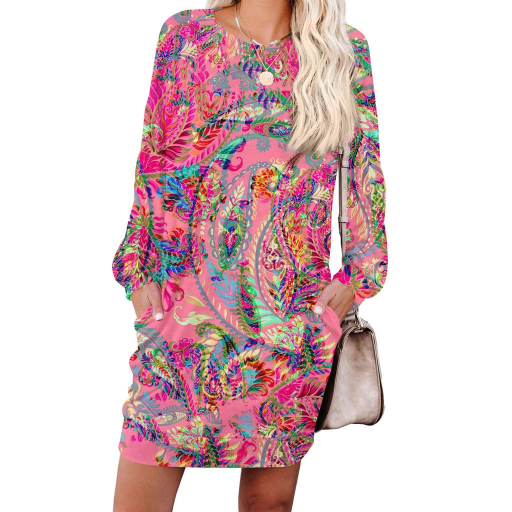 Women's Retro Printed Fashionable Long-sleeved Round-neck Pocket Dress