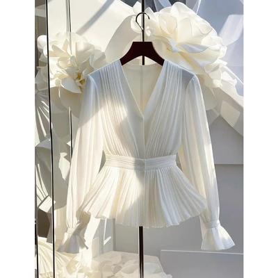 Youth Elegant Pleated White Long Sleeve Button Up Shirt Women V Neck Ruffle Tunic Basic Blouse Chiffon Lady Office Casual