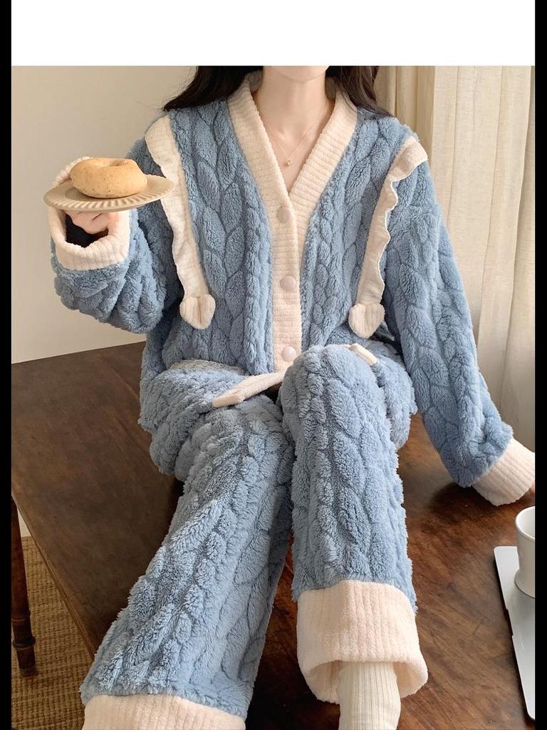 Women's Coral Fleece Pajamas - Warm, Thick, & Sweet Flannel for Fall/Winter, Wear Indoors/Outdoors