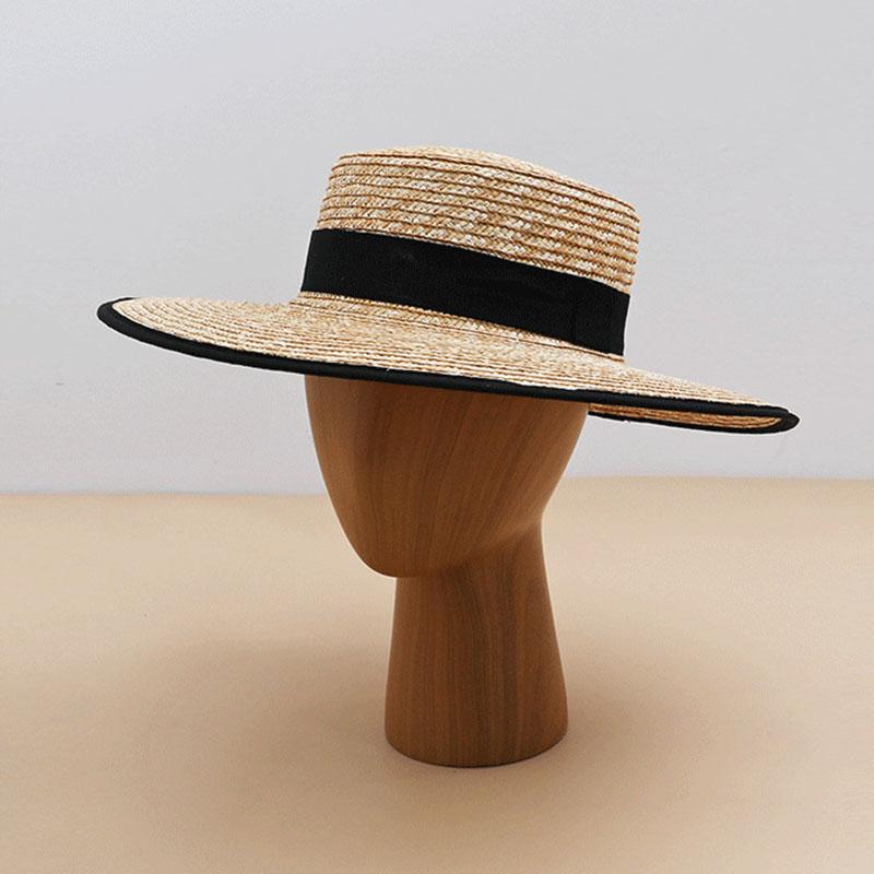 New Trendy Elegant European American Style Straw Hat Wide Brim Sun Hat Woven Edges Flat Top Women Seaside Vacation Party Sun Cap