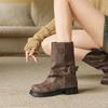 Women Mid Calf Boots Round Toe Chunky Mid Heels Buckle Platform Ladies Fashion Shoes Autumn Winter Black Brown 43