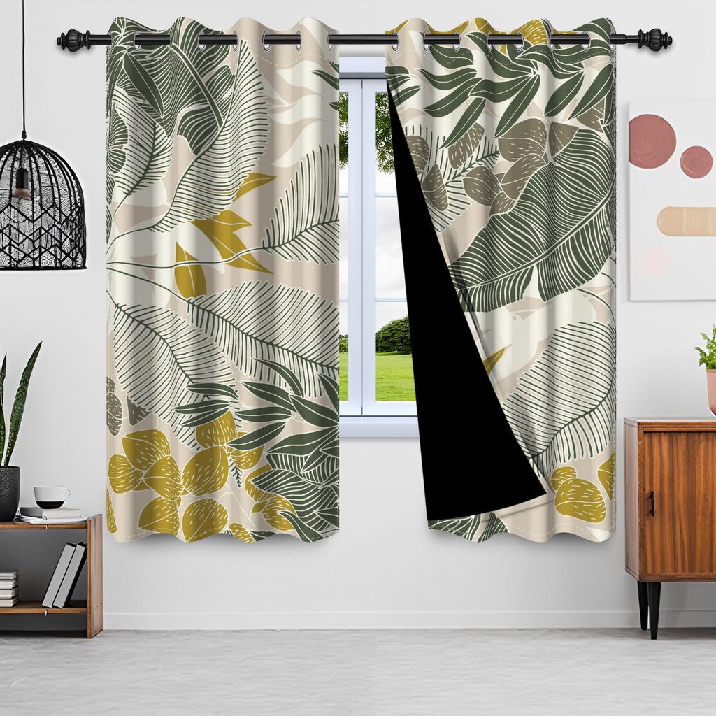 Set aus 2 nordischen Stil-Schattierungs-Fenstervorhängen Grüne Baumblätter Heiminterieur Tropischer Dschungel Schlafzimmer Vorhang Mit Verdunkelung Polyester Perfekt Für