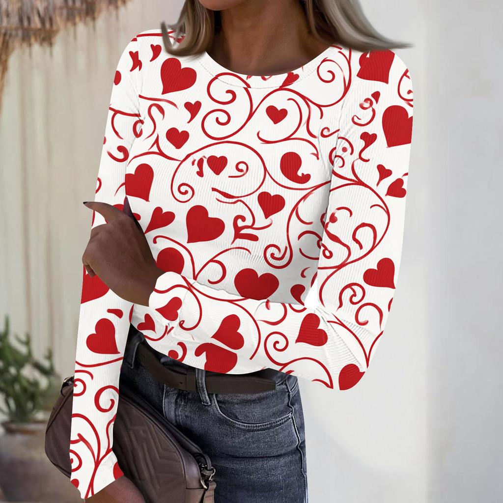 Women's Casual And Fashionable Round,neck Long,sleeved Ribbed Top With Valentine's Day Print.
