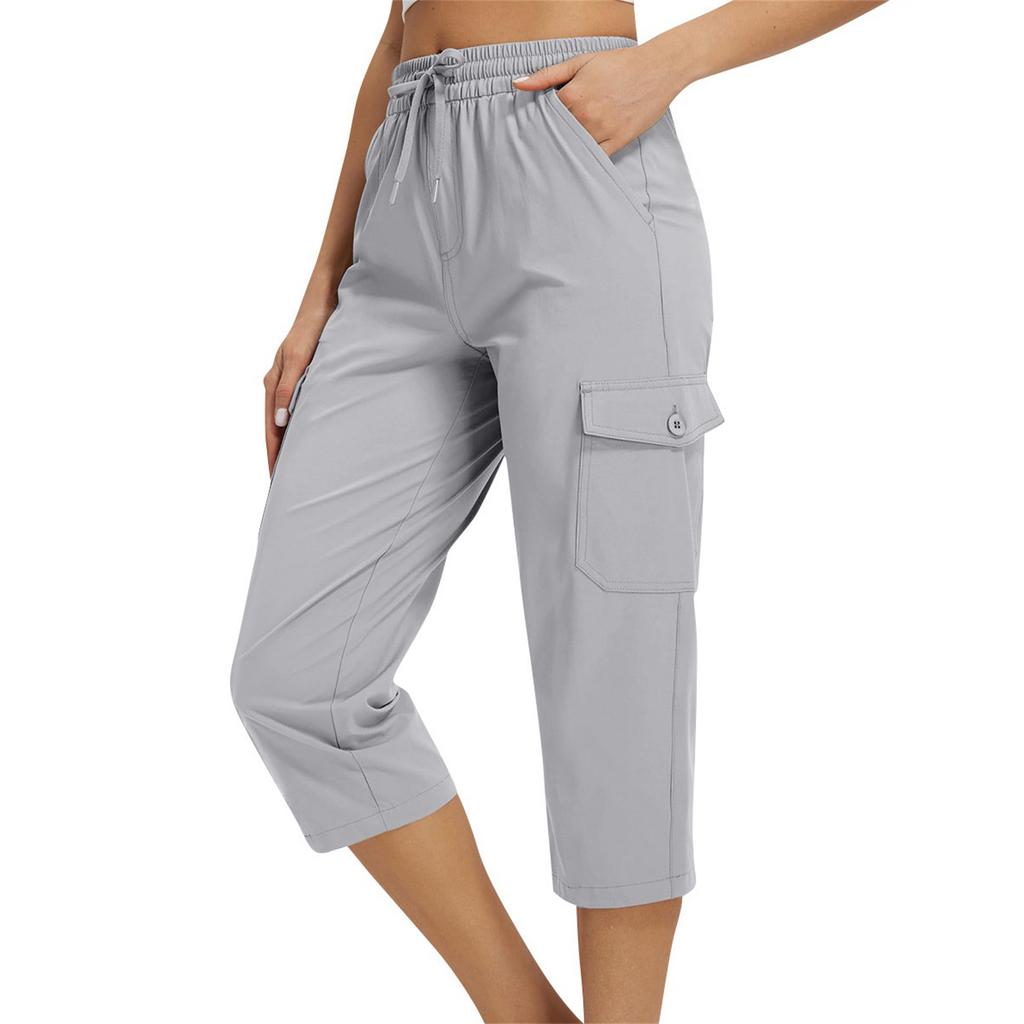 Damen locker sitzende High-Waist Wanderhose mit elastischem Bund, leicht, mit zwei Taschen, lässige Capri-Hose für Outdoor-Aktivitäten